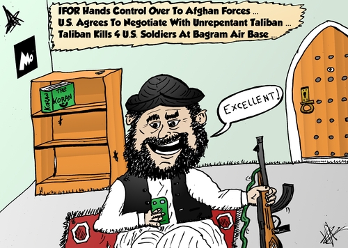 Cartoon: taliban and green things cartoon (medium) by BinaryOptions tagged economics,parody,satire,ifor,afghanistan,politics,cartoon,editorial,green,taliban,caricature,trading,trader,trade,options,option,binary