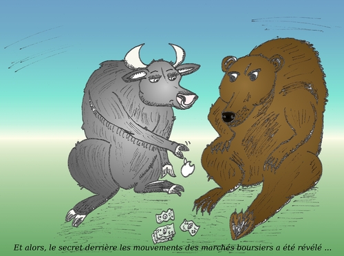 Cartoon: Taureau et Ourse en caricature (medium) by BinaryOptions tagged option,binaire,trader,options,binaires,trading,optionsclick,ourse,taureau,pomme,argent,caricature,comique,comics,boursier,affaires,financier,investisseurs,investir