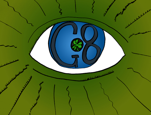 Cartoon: The Green Eye of G8 Dublin (medium) by BinaryOptions tagged binary,option,options,trade,trader,trading,optionsclick,news,editorial,cartoon,caricature,comic,financial,geopolitical,politics,political,market,business,economy,surveillance,eye,g8,dublin,ireland,clover