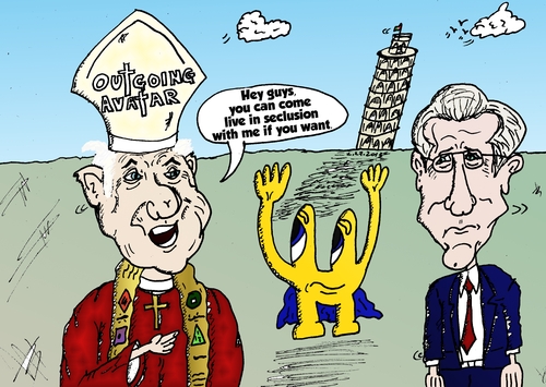 Cartoon: Three caricatures in Italy (medium) by BinaryOptions tagged binary,option,options,optionsclick,trade,trader,trading,pope,benedict,caricature,euroman,cartoon,mario,monti,italian,italy,news,politics,political,politician,editorial,webcomic,comic