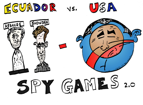 Cartoon: Two Love Ecuador (medium) by BinaryOptions tagged nsa,optionsclick,binary,option,options,trade,trader,trading,traitors,traitor,assange,snowden,obama,spy,spies,espionage,spying,ecuador,united,usa,states,politics,political,politician,president,editorial,business,affair,scandal,news,caricature,cartoon,webcomic,comic,satire,scorecard,scoreboard,match