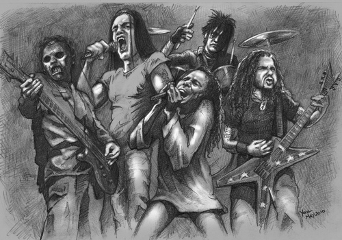 Cartoon: Afterlife Gig (medium) by Alleycatsgarden tagged dio,metal,rock,music,sabbath,slipknot,paul,gray,pantera,dimebag,a7x,negative,steele