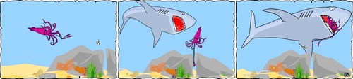 Cartoon: ..hard luck.. (medium) by Jester Elly tagged shark,jellyfish,cartoon,squid,ocean