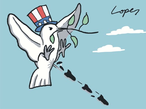 Cartoon: Peace by Obama (medium) by Lopes tagged peace,dove,war,america,united,states,obama,bomb,missile,shit,uncle,sam,afghanistan