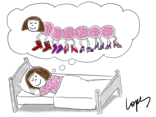 Cartoon: Shoe Obsession (medium) by Lopes tagged women,bed,shoes,dream,obsession,centipede