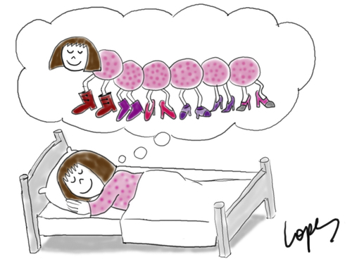 Cartoon: Shoe Obsession (medium) by Lopes tagged women,bed,shoes,dream,obsession,centipede