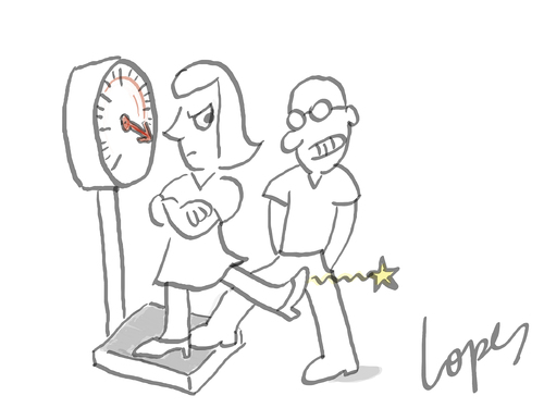 Cartoon: Weigh Prank (medium) by Lopes tagged weigh,prank,woman,man,fat,kick,balls,injury