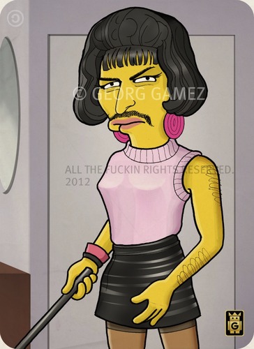 Cartoon: Freddie (medium) by gamez tagged gamez,simpson,queen,freddie,mercury,singer,woman,artist,pop,rock,classic,super