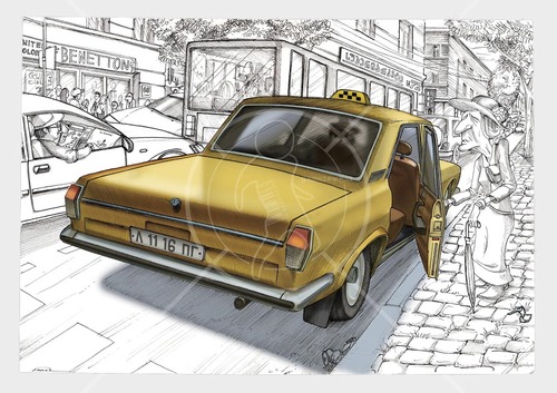 Cartoon: voLGa GaZ-24 (medium) by gamez tagged urban,woodoo,gaz24,volga,car,taxi,white,dream,cartoon,fairytail,woman,old,street,benetton,prrropka,blja