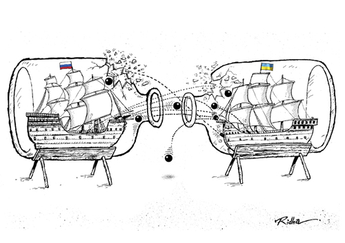 Cartoon: Ukraine- War and Peace (medium) by Ridha Ridha tagged ridha,was,the,first,winner,of,international,exhibition,satirical,graphics,theme,ukraine,war,and,peace,bucovina,9th,edition,2015,suceava,romania