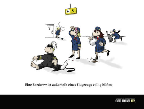 Cartoon: Bordcrew (medium) by Carlo Büchner tagged wand,tür,kaffee,tee,koffer,eis,hilflos,stewardess,pilot,crew,bord,flugbegleiter,flugzeug,peinlich,flughafen,boden,carlo,büchner,arts