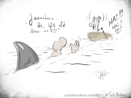 Cartoon: HAI (medium) by Carlo Büchner tagged shark,hai,wasser,water,boat,boot,help,hilfe,cartoon,humor,satire,sketch,gag,carlo,büchner,arts,ray,2014