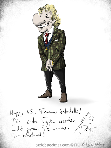 Cartoon: Happy 65 Thomas Gottschalk (medium) by Carlo Büchner tagged thomas,gottschalk,2015,65,geburtstag,happy,birthday,zdf,moderator,rtl,entertainment,otto,waalkes,günther,jauch,party,feier,jubiläum,herbstblond,carlo,büchner,arts,ray,cartoon,humor,ehre,satire,glückwunsch