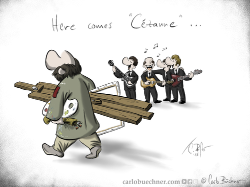 Cartoon: Here Comes Cezanne (medium) by Carlo Büchner tagged kalauer,cezanne,the,beatles,mccartney,lennon,harrison,star,2015,carlo,büchner,arts,ray,cartoon,joke,wortspiel,painter,maler,satire,gag,paul