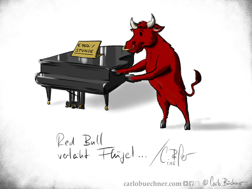 Cartoon: Red Bull verleiht Flügel (medium) by Carlo Büchner tagged red,bull,redbull,verleiht,flügel,rent,piano,mieten,verleih,bulle,stier,ochse,rot,energydrink,joke,gag,cartoon,satire,carlo,büchner,arts,ray,wortspiel,kalauer,2015