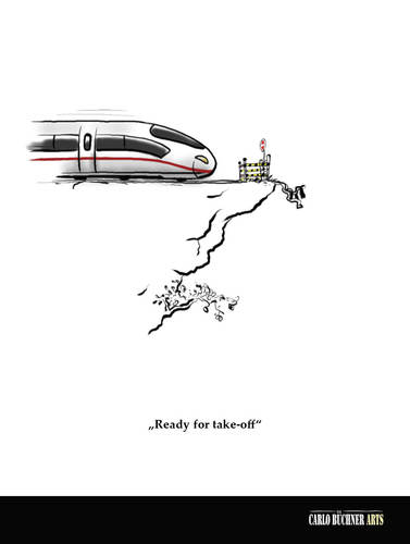 Cartoon: Take-off (medium) by Carlo Büchner tagged take,off,startklar,start,flugzeug,zug,bahn,ice,klippe,schlucht,abhang,absperrung,stopp,schild,fliegen,sturz,stürzen,höhe,berg,fahrt,reisen,carlo,büchner,arts