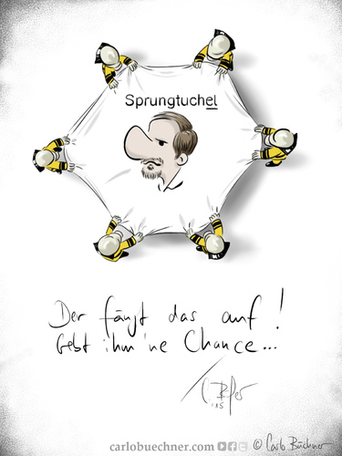 Cartoon: Tuchel kommt (medium) by Carlo Büchner tagged tuchel,bvb,klopp,danke,kloppo,trainer,dortmund,watzke,zorc,carlo,büchner,arts,ray,cartoon,borussia,satire,gag,sprungtuch,2015