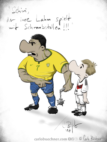 Cartoon: WM Cartoon Brasilien Deutschland (medium) by Carlo Büchner tagged wm2014,halbfinale,hulk,lahm,carlo,büchner,arts,deutschland,joachim,loew,sieg,mannschaft,prognose,satire,cartoon,zeichnung,comic,humor,spaß,fun,parody,brasilien,südamerik,brazil,brager