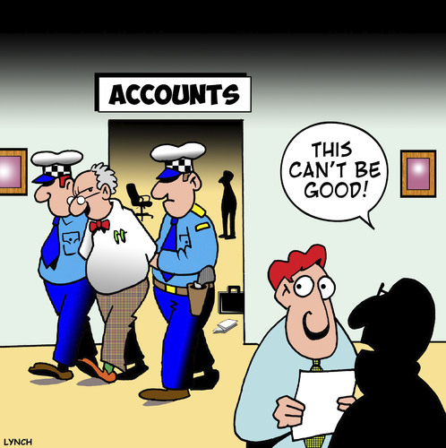 Cartoon: Accounts (medium) by toons tagged discrepency,corporate,handcuffs,police,arrested,robbery,fraud,accounting,accounting,fraud,robbery,arrested,police,handcuffs,corporate,discrepency