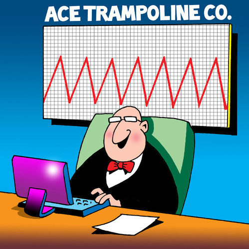 Cartoon: Ace trampoline Co (medium) by toons tagged trampoline,pogo,stick,charts,sales,bounce,spring,laptop,economy,exercise,business