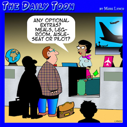 Cartoon: Airline optional extras (medium) by toons tagged air,travel,optional,extras,leg,room,aisle,seat,pilots,air,travel,optional,extras,leg,room,aisle,seat,pilots