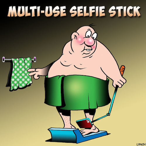 Cartoon: Bathroom scales (medium) by toons tagged selfie,stick,bathroom,scales,overweight,obese,fat,big,tummy,selfie,stick,bathroom,scales,overweight,obese,fat,big,tummy
