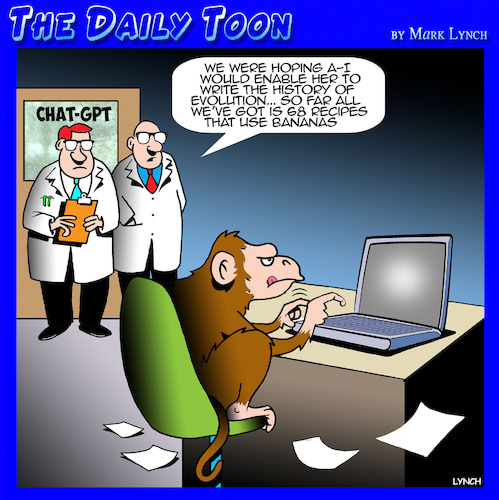 Cartoon: Chat gpt (medium) by toons tagged chatbot,monkeys,ai,artificial,intelligence,laboratory,animals,recipes,chatbot,monkeys,ai,artificial,intelligence,laboratory,animals,recipes