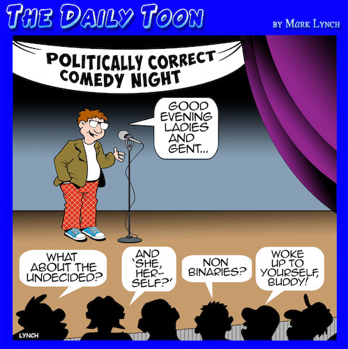 Cartoon: Comedy night (medium) by toons tagged politically,correct,woke,comedy,club,gender,reveal,politically,correct,woke,comedy,club,gender,reveal