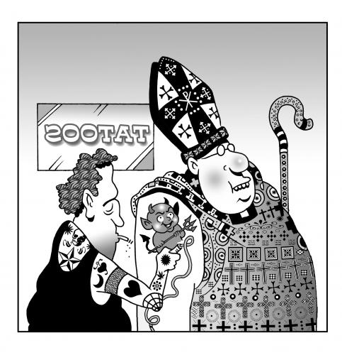 Cartoon: devil of a tatoo (medium) by toons tagged tatoos,devil,bishop,clergy,cardinal,priests,god,priest