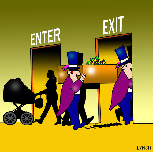 Cartoon: Enter Exit (medium) by toons tagged life,death,birth,funeral,cemetary,christening,baptism,afterlife,pram,coffon,undertaker,crematorium,expired,motherhood,parents