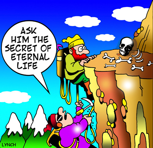 Cartoon: Eternal life (medium) by toons tagged eternity,mountaineering,climber,guru,wise,man,mountains,afterlife,eternal,life,skeleton,bones,skull