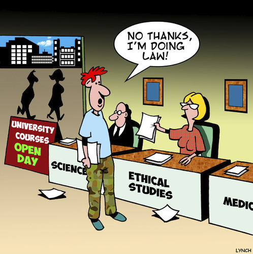 Cartoon: Ethical studies (medium) by toons tagged lawyers,university,education,careers,open,day