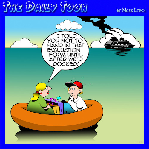 Cartoon: Evaluation surveys (medium) by toons tagged cruising,bad,rating,evaluation,survey,liferaft,cruise,ships,cruising,bad,rating,evaluation,survey,liferaft,cruise,ships