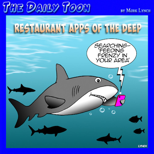 Cartoon: Feeding frenzy (medium) by toons tagged food,apps,sharks,search,engine,restaurant,app,food,apps,sharks,search,engine,restaurant,app