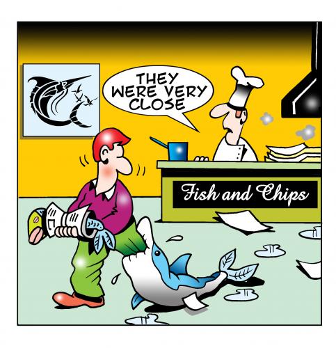 Cartoon: fish and chips (medium) by toons tagged fish,and,chips,shops,sharks,restaurant,food,take,away,ocean,life,oceans,cooking,chef,deep,fried