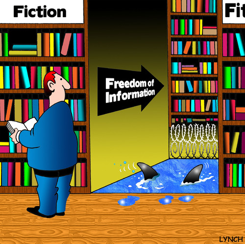 Cartoon: Freedom of information (medium) by toons tagged foi,freedom,of,information,secrecy,wikileaks,library,sharks,books,difficulties