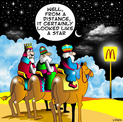 Cartoon: from a distance (medium) by toons tagged christmas,three,wise,men,mcdonalds,jesus,xmas,hamburger