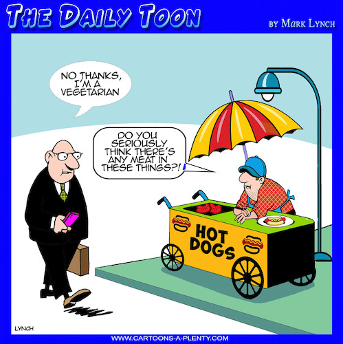 Cartoon: Hot dogs (medium) by toons tagged vegetarians,vegans,fake,meat,hot,dog,salesman,vegetarians,vegans,fake,meat,hot,dog,salesman