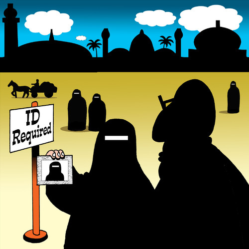 Cartoon: ID Required (medium) by toons tagged burqa,id,disco,age,women,muslim,rules,religion,identification