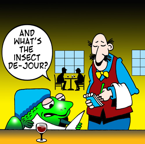 Cartoon: insect de jour (medium) by toons tagged restaurant,frogs,legs,soup,de,jour,menu,food,waiters,cafe,toad,waitress,stops