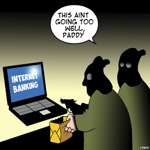 Cartoon: Internet banking (medium) by toons tagged stealing,robbers,bank,laptops,banking,internet