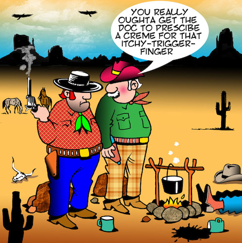 Cartoon: Itchy trigger finger (medium) by toons tagged wild,west,cowboys,outlaws,itchy,trigger,finger,rash,creme,wild,west,cowboys,outlaws,itchy,trigger,finger,rash,creme