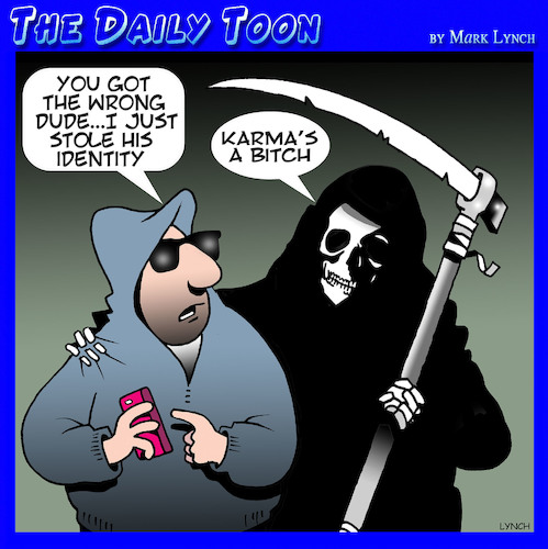 Cartoon: Karma (medium) by toons tagged identity,theft,karma,death,angel,of,bitch,crime,thief,identity,theft,karma,death,angel,of,bitch,crime,thief