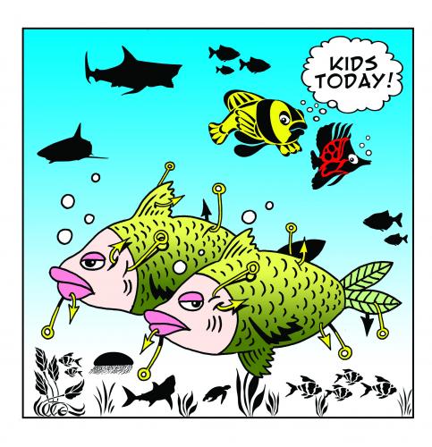 Cartoon: kids today (medium) by toons tagged body,piercing,tattoos,kids,children,fish,fishing,hooks,oceans