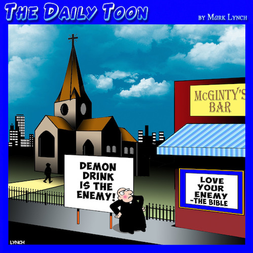 Cartoon: Love your enemy (medium) by toons tagged church,messages,bars,tavern,love,thy,neighbor,demon,drink,church,messages,bars,tavern,love,thy,neighbor,demon,drink