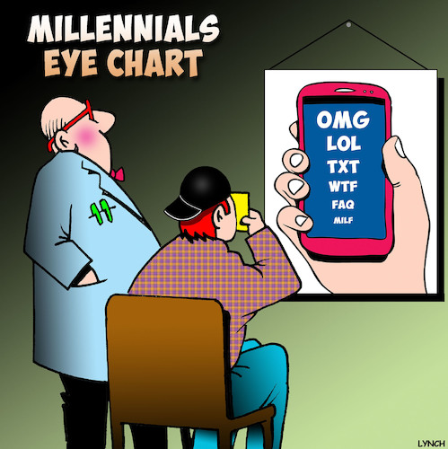 Cartoon: Millennials (medium) by toons tagged eye,charts,millennials,gen,eyesight,test,smartphones,text,talk,texting,eye,charts,millennials,gen,eyesight,test,smartphones,text,talk,texting