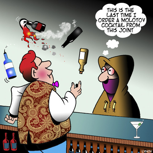 Cartoon: Molotov cocktail (medium) by toons tagged molotov,cocktail,waiter,explosives,terrorist,barman,doing,tricks,molotov,cocktail,waiter,explosives,terrorist,barman,doing,tricks