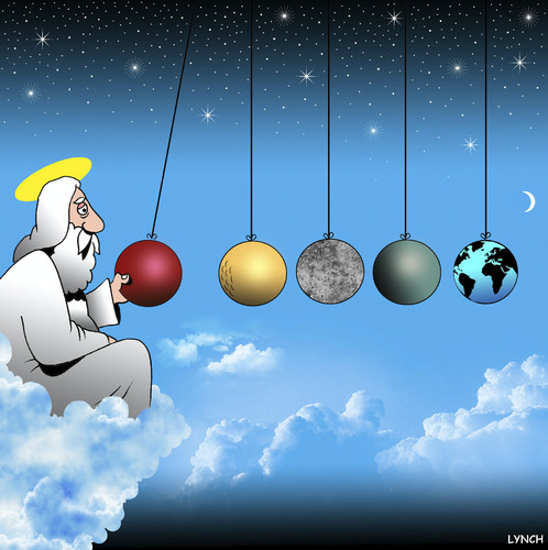 Cartoon: Newtons cradle (medium) by toons tagged universe,the,earth,planets,ornament,desk,god,balls,metal,silver,cradle,mewtons,mewtons,cradle,silver,metal,balls,god,desk,ornament,planets,earth,the,universe