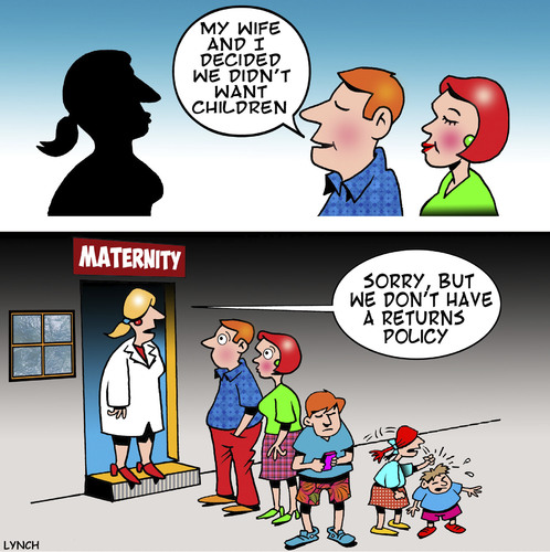 Cartoon: No returns (medium) by toons tagged childless,couple,maternity,hospital,no,returns,policy,doctors,children,allowed,kids,exchange,counter,childless,couple,maternity,hospital,no,returns,policy,doctors,children,allowed,kids,exchange,counter