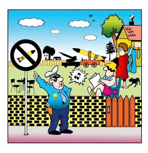 Cartoon: nukes in the yard (medium) by toons tagged nuclear,power,atom,bomb,police,bombs,explosives,military,weapons